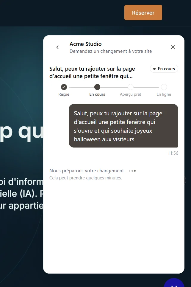 A client typing a website change in plain language inside the Modifee widget on their site.